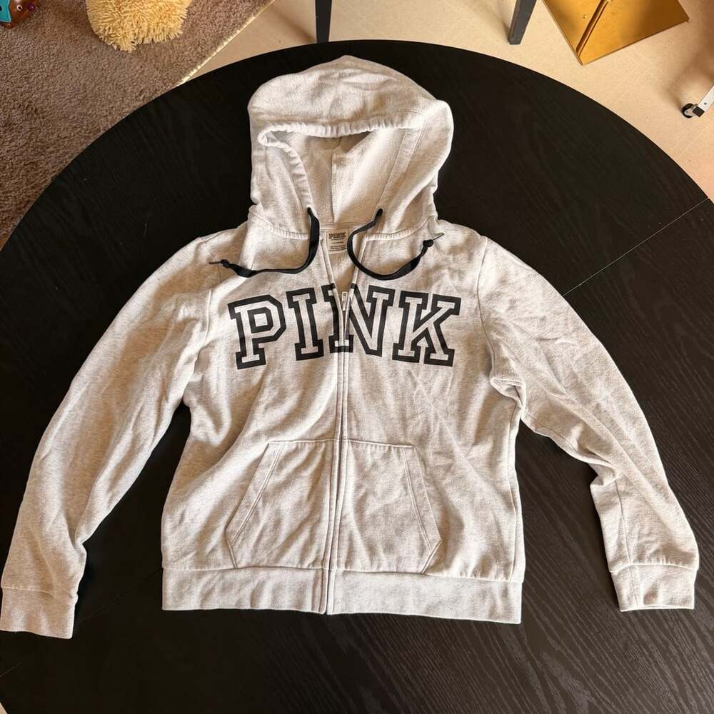 PINK Victoria's Secret Full-Zip Hoodie Grey Marled with Black Logo Size L